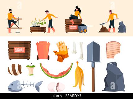 Produzione di compost. Le persone che utilizzano prodotti di biofertilizzanti naturali processi compost vettoriali sgargianti caratteri agricoli piatti. Illustrazione del compost organico e del riciclo. Produzione di compost. Le persone che utilizzano prodotti di biofertilizzanti naturali processi compost vettoriali sgargianti caratteri agricoli piatti Illustrazione Vettoriale