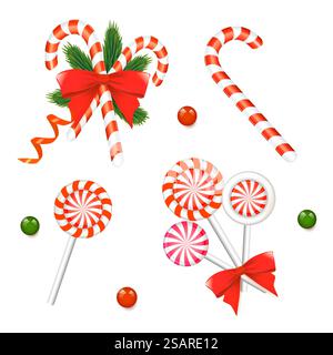Set Christmas Lollypops. Caramelle rotonde a righe di Capodanno isolate su sfondo bianco. Raccolte di decorazioni vettoriali Illustrazione Vettoriale