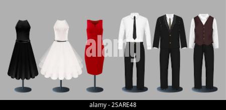 Abiti e abiti su manichino in serie vettoriale. Elegante indumento femminile e maschile. Mostra di abbigliamento e accessori alla moda. Negozio, illustrazione di boutique di abbigliamento. Abiti e abiti su manichino in serie vettoriale Illustrazione Vettoriale