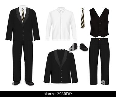 Elegante abito da uomo, illustrazione vettoriale isolata su sfondo bianco. Abbigliamento da uomo professionale, completo da uomo in tre pezzi composto da giacca nera, gilet, pantaloni, cravatta, scarpe e camicia bianca con colletto. Elegante abito da uomo, realistica illustrazione isolata vettoriale Illustrazione Vettoriale