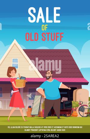 Invito al mercato delle pulci. Vecchi gadget vintage, strumenti e vestiti per vendere il mercato vicino a casa, poster vettoriale esatto con posto per il testo. Illustrazione del design del volantino per il mercato di vendita. Invito al mercato delle pulci. Vecchi gadget vintage, strumenti e vestiti per vendere il mercato vicino a casa, poster vettoriale esatto con posto per il testo Illustrazione Vettoriale