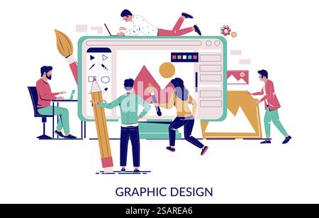 Team di illustratori grafici che crea illustrazioni vettoriali utilizzando strumenti software come pennello, matita, ecc. Concept di studio di progettazione grafica per banner Web, pagine di siti Web, ecc. Progettazione grafica, concetto vettoriale per banner Web, pagina del sito Web Illustrazione Vettoriale