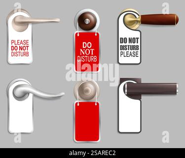 Blocco maniglia portiera in metallo con staffa di aggancio, illustrazione con isolamento vettoriale. Non disturbare il cartello sulla maniglia della porta dell'hotel. Servizio in camera. Maniglia della portiera in metallo con set di staffe, illustrazione con isolamento vettoriale Illustrazione Vettoriale