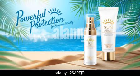 Annunci di prodotti estivi a base di crema solare sullo sfondo della spiaggia del resort in illustrazione 3D. Pubblicità di prodotti per crema solare estiva Illustrazione Vettoriale