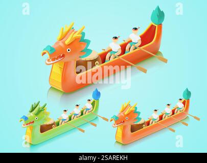3 gruppi di persone stanno organizzando una gara di dragon boat. Elementi isometrici 3d Duanwu Festival isolati su sfondo blu acqua. elementi isometrici 3d. Illustrazione Vettoriale