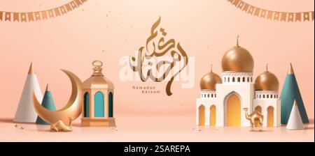 Layout 3d per festeggiamenti in Ramadan o islamici con moschea, lanterne e giocattoli a cammello. Calligrafia di saluto: EID Mubarak.. Banner per festeggiare le festività islamiche Illustrazione Vettoriale