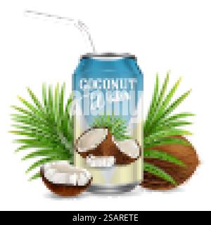 Illustrazione del vettore dell'acqua di cocco. Composizione realistica di bevande biologiche in lattina di alluminio, cocos, foglie di palma per poster, striscioni, ecc. Confezione rinfrescante del succo di cocco. Illustrazione realistica del vettore dell'acqua di cocco rinfrescante organica Illustrazione Vettoriale