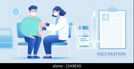 Medico donna che effettua un'iniezione di vaccino a un paziente di sesso maschile in ospedale. Concetto di vaccinazione contro la COVID 19.. Prendere il vaccino in ospedale Illustrazione Vettoriale