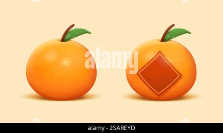 Rendering 3d di arance mandarine realistiche isolate su uno sfondo giallo e una con couplet attaccato sulla superficie del frutto. Arance mandarine realistiche in 3d. Illustrazione Vettoriale