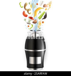 Smaltimento rifiuti alimentari per lavello da cucina con fette di frutta, verdura e altri scarti di cucina che cadono in esso con acqua, illustrazione realistica vettoriale isolata su sfondo bianco. Smaltimento dei rifiuti alimentari, illustrazione isolata realistica vettoriale Illustrazione Vettoriale