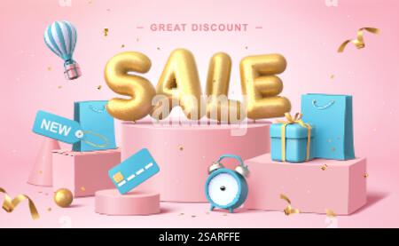 Poster di vendita in 3d color pastello, con una simpatica parola sul podio con alcuni elementi relativi allo shopping. Design banner vendita online Illustrazione Vettoriale