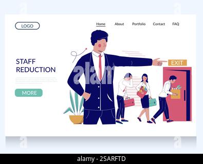 Modello di sito web vettoriale per la riduzione del personale, progettazione di landing page per lo sviluppo di siti web e siti mobili. Licenziamento professionale del personale per mancanza di fondi, lavoro, riorganizzazione. Crisi economica, perdita di posti di lavoro... Modello di pagina di destinazione del sito Web vettoriale per la riduzione del personale Illustrazione Vettoriale