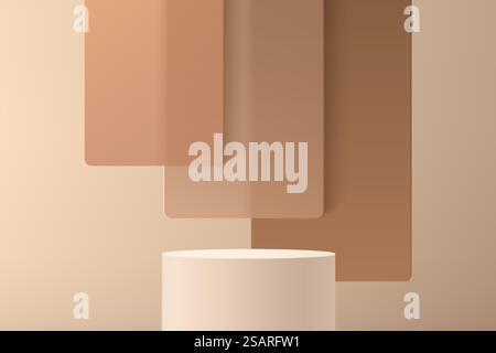 Piedistallo per cilindri beige 3D astratti o podio con sfondo a strati sovrapposti in vetro quadrato marrone. Scenografia murale minimale marrone per la presentazione del prodotto. Piattaforma di rendering geometrico vettoriale. Illustrazione Vettoriale