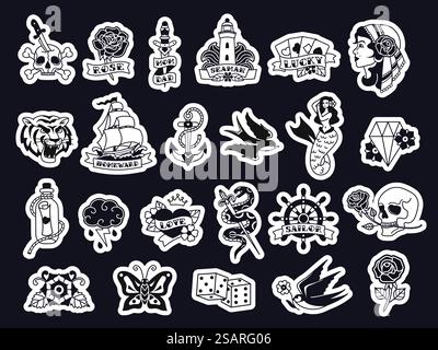 Tatuaggio vecchio stile. Il nero marinaio retrò delinea lo stile tatuaggio, i disegni tradizionali americani. Set di illustrazioni vettoriali per tatuaggi flash disegnati a mano. Adesivi isolati come diamanti, uccelli, elementi nautici. Tatuaggio vecchio stile. Il nero marinaio retrò delinea lo stile tatuaggio, i disegni tradizionali americani. Set di illustrazioni vettoriali per tatuaggi flash disegnati a mano Illustrazione Vettoriale