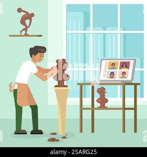 Corso di video online sulla scultura di masterclass, illustrazione vettoriale piatta. Scultore che modella il busto umano di argilla davanti al computer portatile. Corsi di arte online, tecnologia di videoconferenza. Masterclass di scultura online, illustrazione del design in stile piatto vettoriale Illustrazione Vettoriale