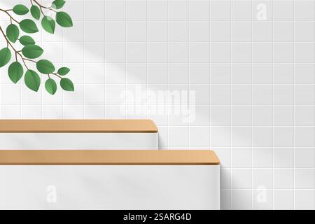 Piedistallo cilindro bianco 3D realistico astratto o podio con foglie verdi e ombre. Scena minima bianca e grigia per la presentazione del prodotto. Piattaforma di rendering geometrico vettoriale. Monolocale. Illustrazione Vettoriale