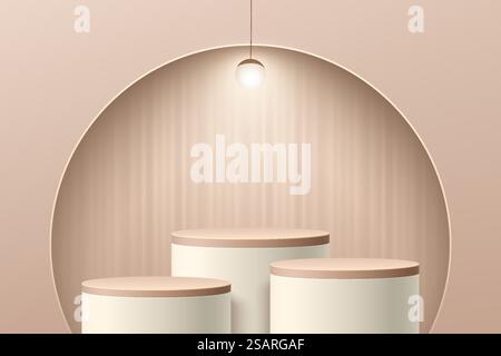 Camera beige 3D astratta con piedistallo cilindrico o podio in piedi in una finestra semicircolare sulla parete. Scenografia minima per la presentazione di prodotti cosmetici. Progettazione di piattaforme di rendering geometrico vettoriale Illustrazione Vettoriale