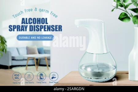 modello di annuncio per erogatore di alcool spray 3d senza contatto. Igienizzatore mani spray dispenser mock up su un tavolo di legno nel soggiorno di casa. Modello annuncio igienizzatore mani automatico Illustrazione Vettoriale