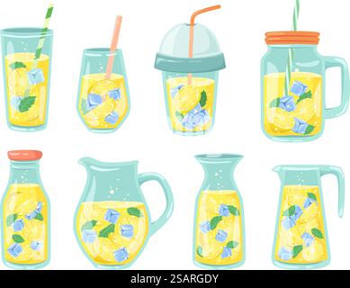 Limonata fredda. Bevande fresche, limonata fatta in casa in bottiglia, caraffa e bicchiere con fette di limone e cubetti di ghiaccio. Rinfrescante cocktail estivo con foglie di agrumi e menta. Limonata fredda. Bevande fresche, limonata fatta in casa in bottiglia, caraffa e bicchiere con fette di limone e cubetti di ghiaccio Illustrazione Vettoriale