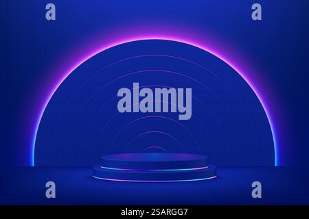 Realistico podio con piedistallo per cilindri 3D blu scuro. Camera astratta fantascientifica con semicerchio per illuminare lo sfondo al neon. Forme geometriche di rendering vettoriale, fase di visualizzazione del prodotto. Scena futuristica. Illustrazione Vettoriale