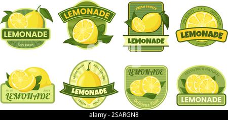 Etichetta della limonata. Limonate fresche e naturali con set vettoriale di adesivi per succo di agrumi e frutta gialla. Confezione per bevande deliziose. Rinfrescante prodotto biologico a base di limoni veri. Etichetta della limonata. Limonate fresche e naturali con set vettoriale di adesivi per succo di agrumi e frutta gialla Illustrazione Vettoriale