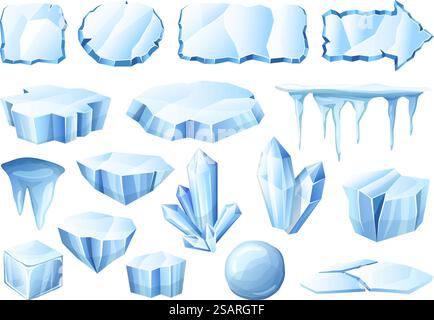 Ghiaccio per cartoni animati. Set vettoriale di cristalli di ghiacciaio, pezzi di ghiaccio e cornici ghiacciate fredde. Blocchi antartici congelati. Polo Nord pezzi di diverse forme geometriche come ovale, rettangolo, freccia per i giochi. Ghiaccio per cartoni animati. Set vettoriale di cristalli di ghiacciaio, pezzi di ghiaccio e cornici ghiacciate fredde Illustrazione Vettoriale