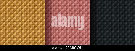 Set di motivi geometrici astratti dorati, oro rosa e nero, sfondo triangoli 3D di lusso. Può essere utilizzato per copertina, grafica, pubblicità a mezzo stampa, poster e banner Web. Semplice e minimalista. EPS10 vettoriale. Illustrazione Vettoriale