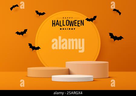 Podio 3D astratto con cilindro bianco e arancione, con cartoni animati in volo. Buon halloween scena minimale per la presentazione del prodotto. Progettazione di piattaforme di rendering geometrico vettoriale. Illustrazione Vettoriale