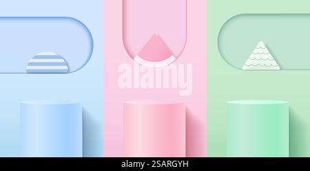 Set di podio per cilindri 3d blu, rosa, verde con sfondo a forma di ACH. Scenografia minimale astratta per vetrina dei prodotti, esposizione promozionale. Tavola rotonda. Forme geometriche vettoriali. Illustrazione Vettoriale
