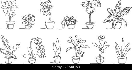 Una linea continua di piante in vaso. Piante per l'arredamento della casa in graziosi vasi, set di illustrazioni vettoriali di fiori disegnati a mano. Piante d'appartamento diverse come monstera, orchidea, palme esotiche con fiori e foglie. Una linea continua di piante in vaso. Piante per l'arredamento della casa in graziosi vasi, set di illustrazioni vettoriali di fiori disegnati a mano Illustrazione Vettoriale