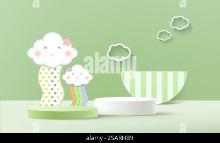 Presentazione della scena di esposizione vuota sul podio per bambini o bambini con sfondo 3d. Illustrazione Vettoriale