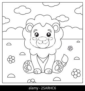 Un disegno in bianco e nero di un leone bambino in un vasto campo Illustrazione Vettoriale
