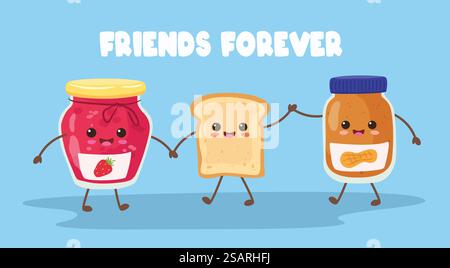 Brindisi carini. Felice burro di arachidi e marmellate di gelatina con pane sandwich insieme, amicizia eterna e perfetto abbinamento vettoriale illustrazione di Happy, Together Delicious. Brindisi carini. Felice burro di arachidi e marmellate di gelatina con pane sandwich insieme, amicizia eterna e illustrazione vettoriale perfetta Illustrazione Vettoriale