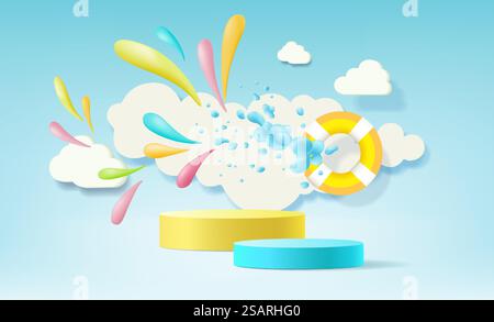 Podio a piedistallo cilindrico 3D. Sfondo a colori chiari. Summer Concept.modello di illustrazione vettoriale. Illustrazione Vettoriale