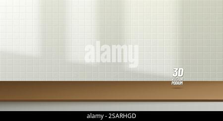 Tavolino o podio 3D realistico in legno bianco e marrone astratto con piastrelle quadrate bianche e ombra della finestra. Scenografia minima per la presentazione del prodotto. Progettazione di piattaforme di rendering vettoriale. Illustrazione Vettoriale
