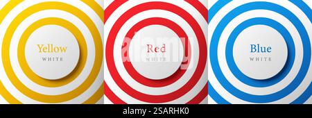 Set di cerchi radiali su sfondo giallo, rosso, blu e bianco con spazio di copia. Collezione di piedistalli geometrici o podio in design con vista dall'alto. Cornici colorate alla moda per l'esposizione dei prodotti. EPS10 vettoriale Illustrazione Vettoriale