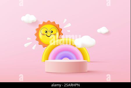 Rendering 3D. Una scena per la pubblicità, un mockup minimalista per l'esposizione sul podio o la vetrina. Illustrazioni vettoriali con decorazioni graziose. Illustrazioni per neonati. Illustrazione Vettoriale