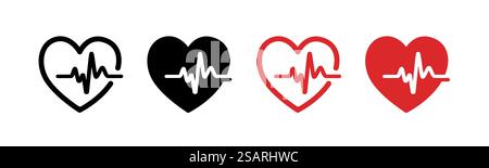 Set di icone del battito cardiaco. Forma del cuore con linea del polso. Illustrazione vettoriale Illustrazione Vettoriale