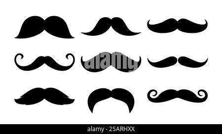 Set di icone di baffi. Elementi decorativi per lo stand. Simbolo di uomini e padri. Sagome isolate nere vettoriali Illustrazione Vettoriale