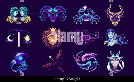 12 segni zodiacali al neon. Set di coloratissimi segni astrologici al neon, tra cui Ariete, Toro, Gemini, cancro, Leone, virus, bilancia, Scorpione, Sagittario, Capricorno, Aquarius, e pesci... Raccolta di dodici segni zodiacali al neon Illustrazione Vettoriale
