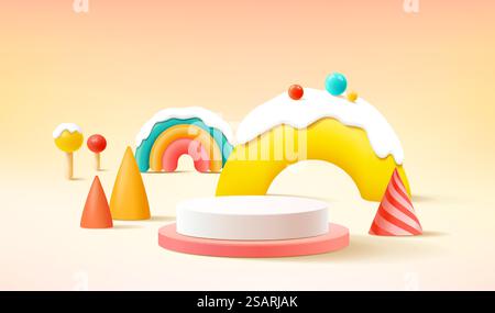 podio 3d su sfondo colorato forme geometriche astratte con grazioso arcobaleno, esposizione di prodotti per bambini Illustrazione Vettoriale