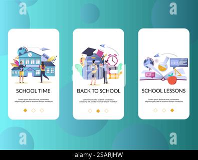 Schermate di inserimento dell'app mobile scolastica. Modello vettoriale banner menu per lo sviluppo di siti Web e applicazioni. Ritorno a scuola, concetto educativo. Modello vettoriale delle schermate di onboarding dell'app mobile scolastica Illustrazione Vettoriale