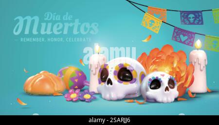 Concetto di altare dia de muertos. Composizione di teschi di zucchero, candele bianche, fiori di calendula, picado di papel e pane dei morti. illustrazione 3d. Il giorno dell'altare morto tema striscione Illustrazione Vettoriale