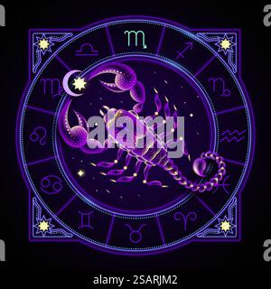 Segno zodiaco dello Scorpione rappresentato dallo scorpione. Simbolo dell'oroscopo al neon in cerchio con altri segni astrologici intorno. Segno zodiacale al neon dello Scorpione Illustrazione Vettoriale