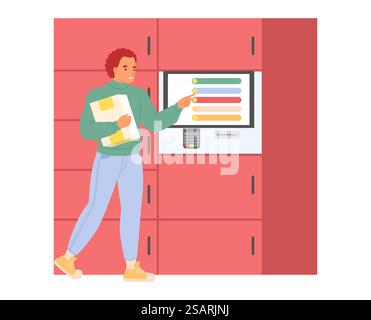 Uomo che utilizza il terminale per gli ordini self-service dei chioschi postali per inviare un'illustrazione del vettore di stoccaggio dei pacchi o dei pacchi isolata su sfondo bianco. Uomo che utilizza un'illustrazione vettoriale self-service del chiosco postale Illustrazione Vettoriale