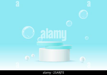 Sfondo con forma geometrica. rendering 3d per i prodotti di visualizzazione e banner sul sito web. Mockup minimalista con motivo sferico. Vetrina vuota per gli annunci. Palline e bolle bianche 3d realistiche. Illustrazione Vettoriale