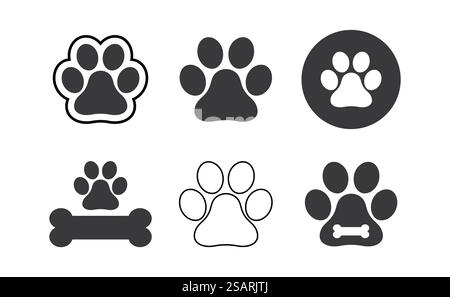 Set di stampe per zampa di cane. Sagome nere delle icone delle zampe. Illustrazione isolata vettoriale Illustrazione Vettoriale