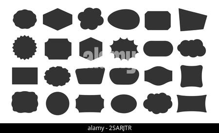 Set di icone sagomate geometriche nere astratte. Modelli di cornice vuoti di contorno, bolle vocali, badge, tag dei prezzi, adesivi, pensa al cloud Illustrazione Vettoriale