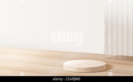 Espositore di prodotti in marmo bianco su un piano di appoggio in legno con parete in vetro ondulato sullo sfondo. Design di scenografie interne nordiche 3D... Display a podio in stile nordico Illustrazione Vettoriale