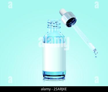 flacone contagocce in vetro 3d con pipetta isolata su sfondo blu. Contenitore per l'elemento di mascheratura per siero, essenza e olio essenziale. flacone contagocce in vetro 3d. Illustrazione Vettoriale